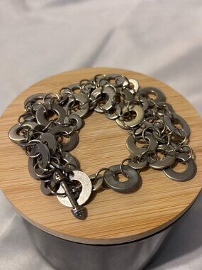 Eclectic Silver Tone Washer Link Statement Bracelet Industrial Boho Toggle Clasp